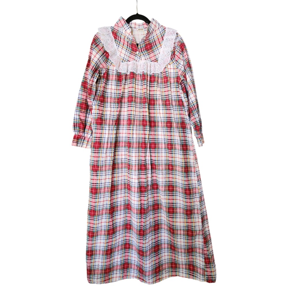 Vtg Montgomery Ward Plaid Flannel Nightgown White‎ Lace Trim S/M Mrs. Santa